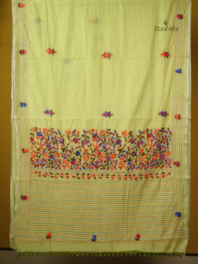 Natural Leaf Green Folk Craft Saree