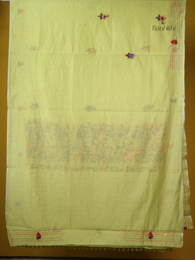 Natural Leaf Green Folk Craft Saree