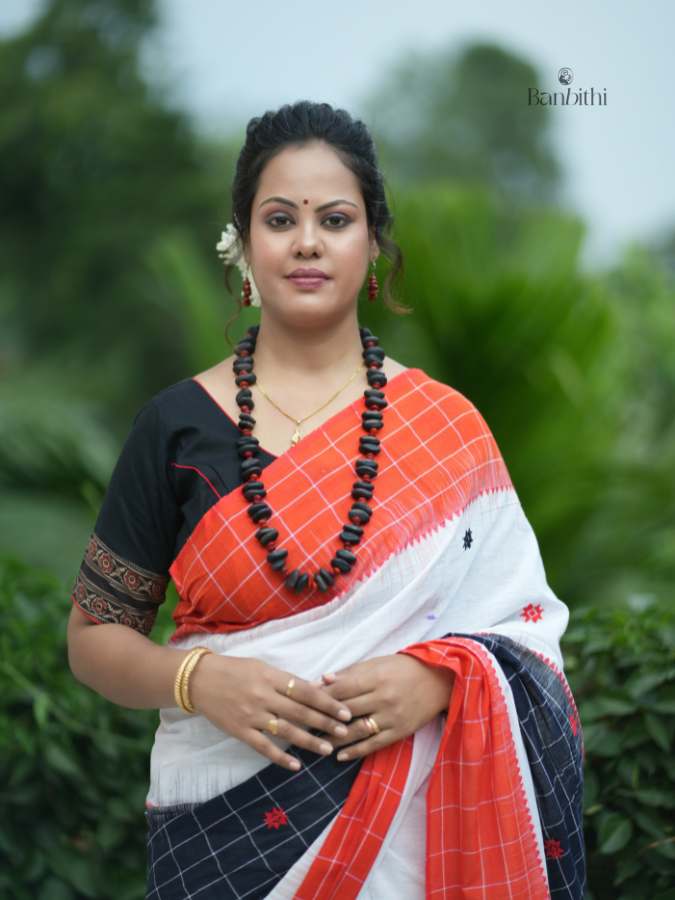 Pure Cotton Handwoven Dhaniakhali Saree – White with Orange