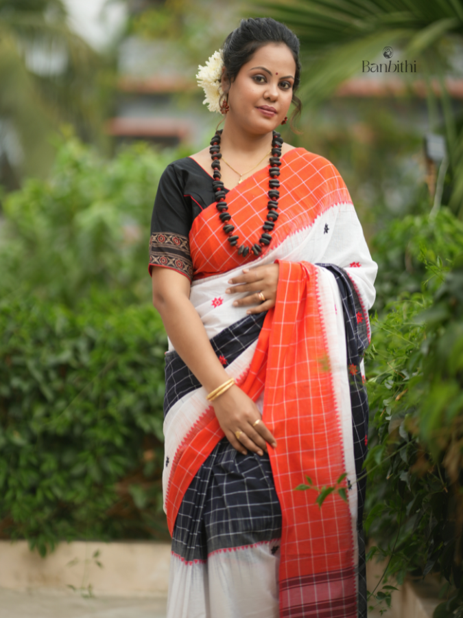 Pure Cotton Handwoven Dhaniakhali Saree – White with Orange