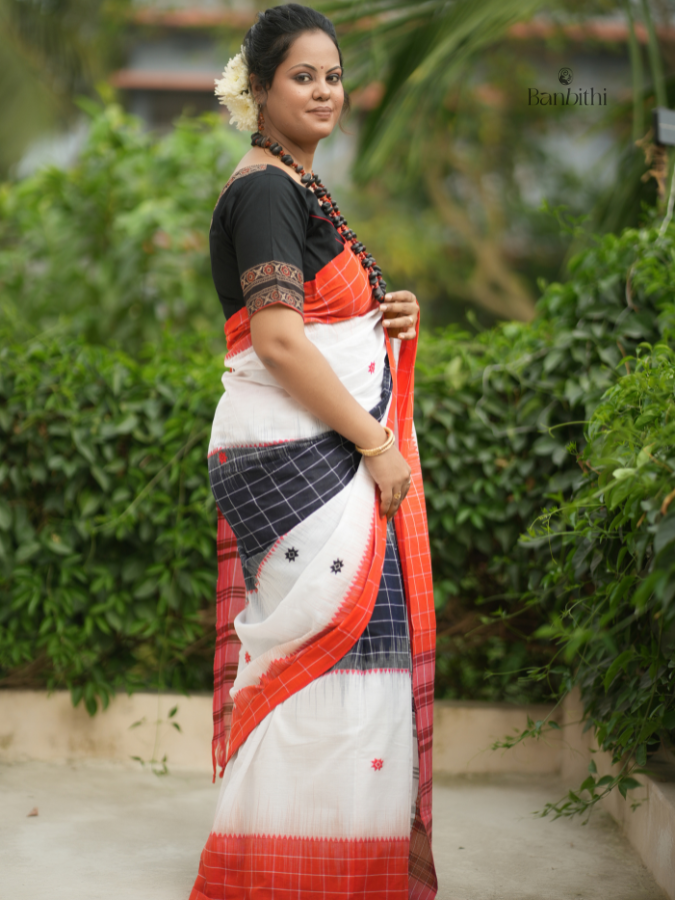 Pure Cotton Handwoven Dhaniakhali Saree – White with Orange