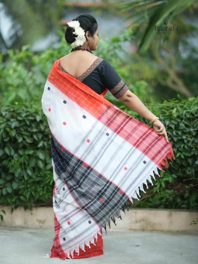 Pure Cotton Handwoven Dhaniakhali Saree – White with Orange