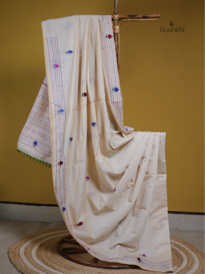 Pearl White Artisan Embroidered Chanderi Saree