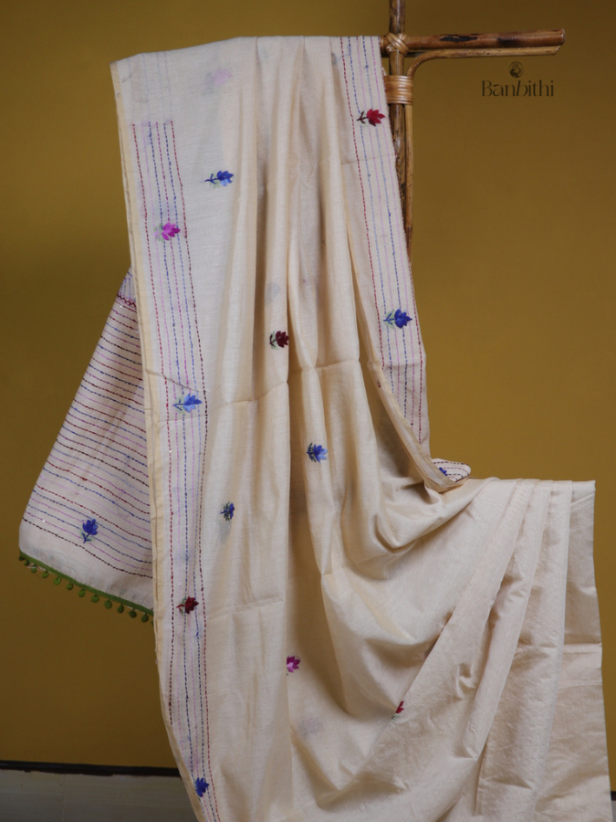 Pearl White Artisan Embroidered Chanderi Saree