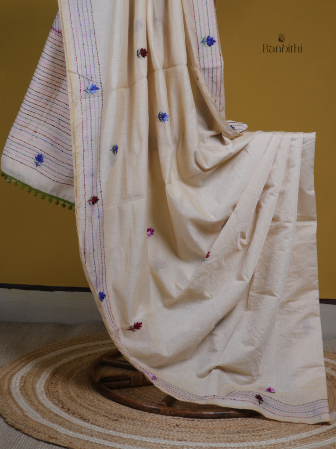 Pearl White Artisan Embroidered Chanderi Saree