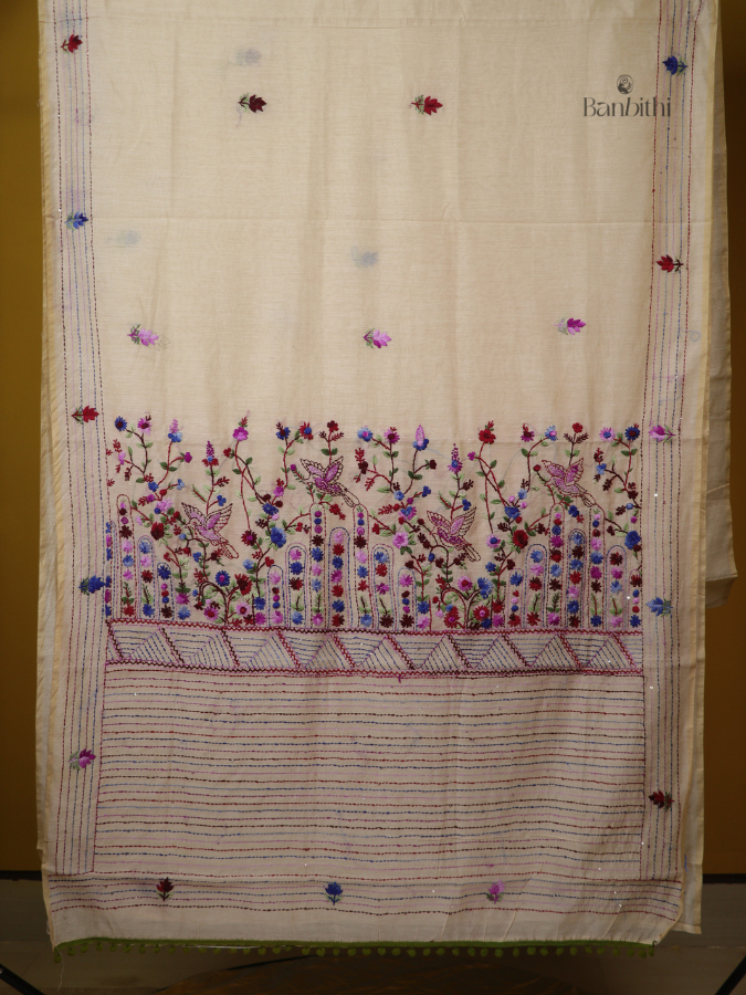 Pearl White Artisan Embroidered Chanderi Saree