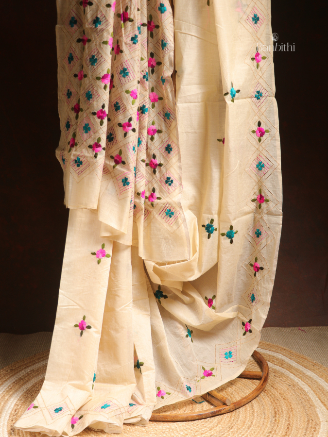 Hand Embroidered Saree – Off White with Pink & Green Thread