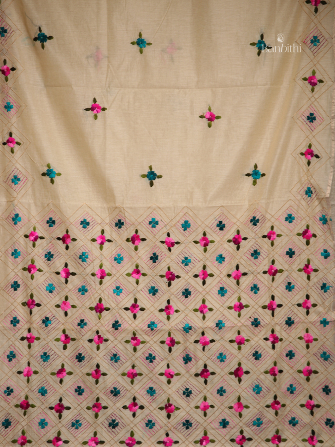 Hand Embroidered Saree – Off White with Pink & Green Thread