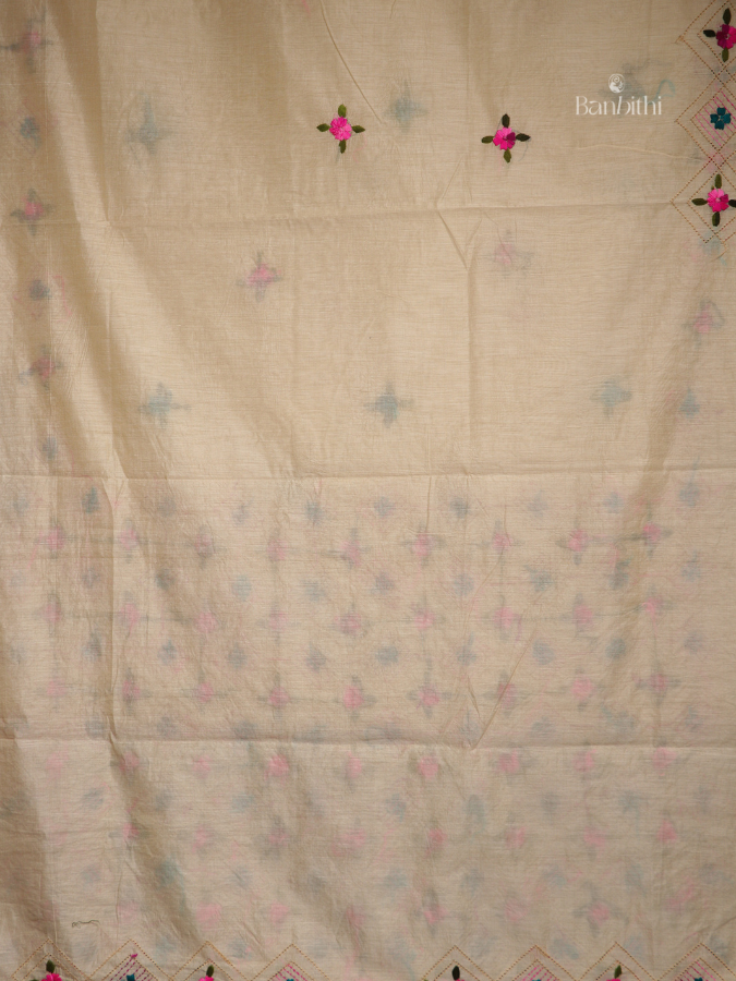 Hand Embroidered Saree – Off White with Pink & Green Thread