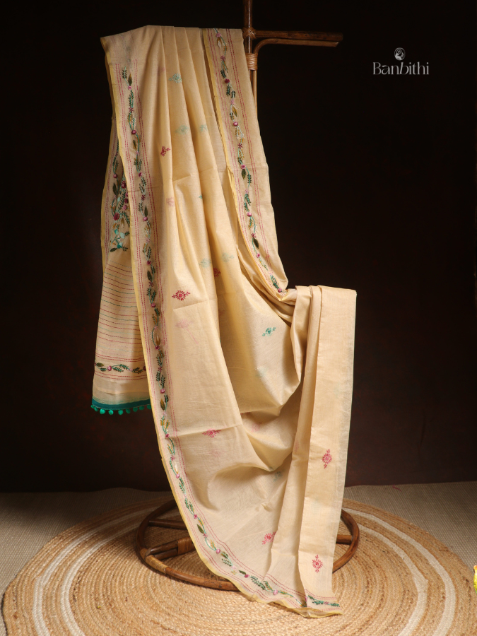 Hand Embroidered Saree – Green with Multicoloured Thread