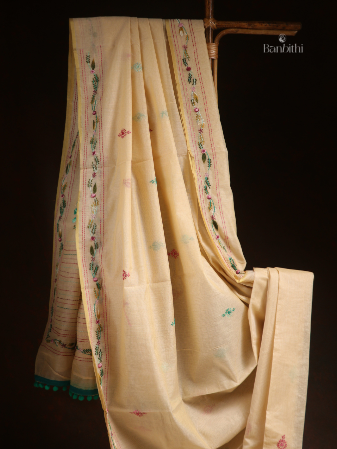 Hand Embroidered Saree – Green with Multicoloured Thread