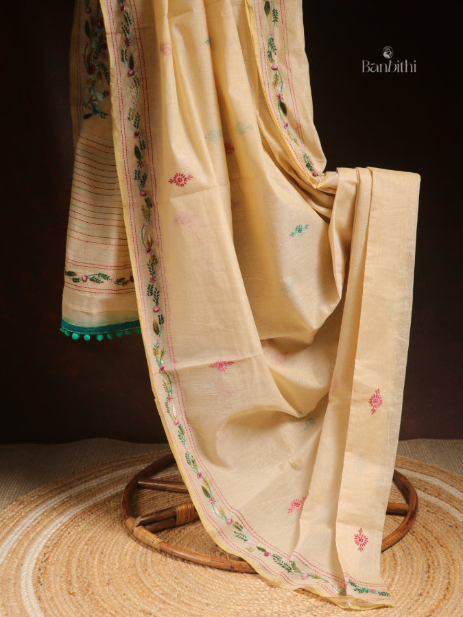Hand Embroidered Saree – Green with Multicoloured Thread