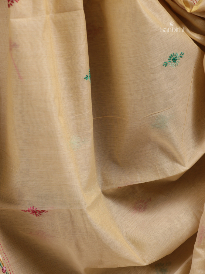 Hand Embroidered Saree – Green with Multicoloured Thread