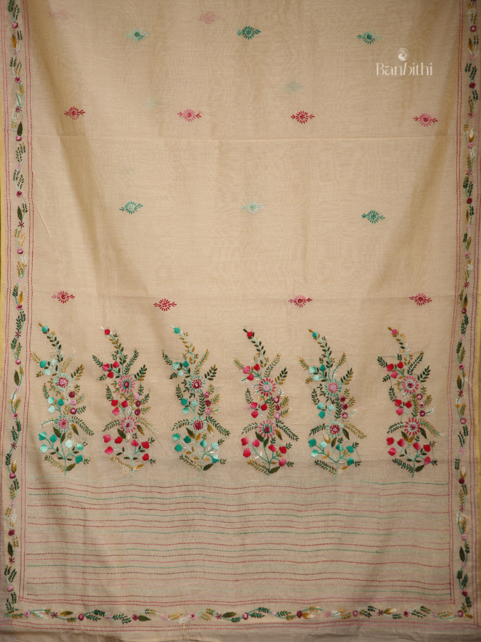 Hand Embroidered Saree – Green with Multicoloured Thread