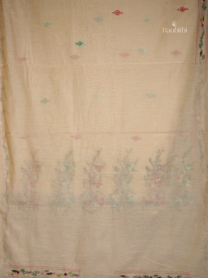 Hand Embroidered Saree – Green with Multicoloured Thread