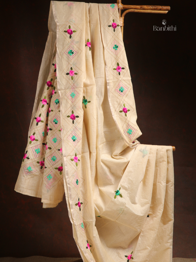 Hand Embroidered Saree – Off White with Pink & Green Thread (Variant 2)