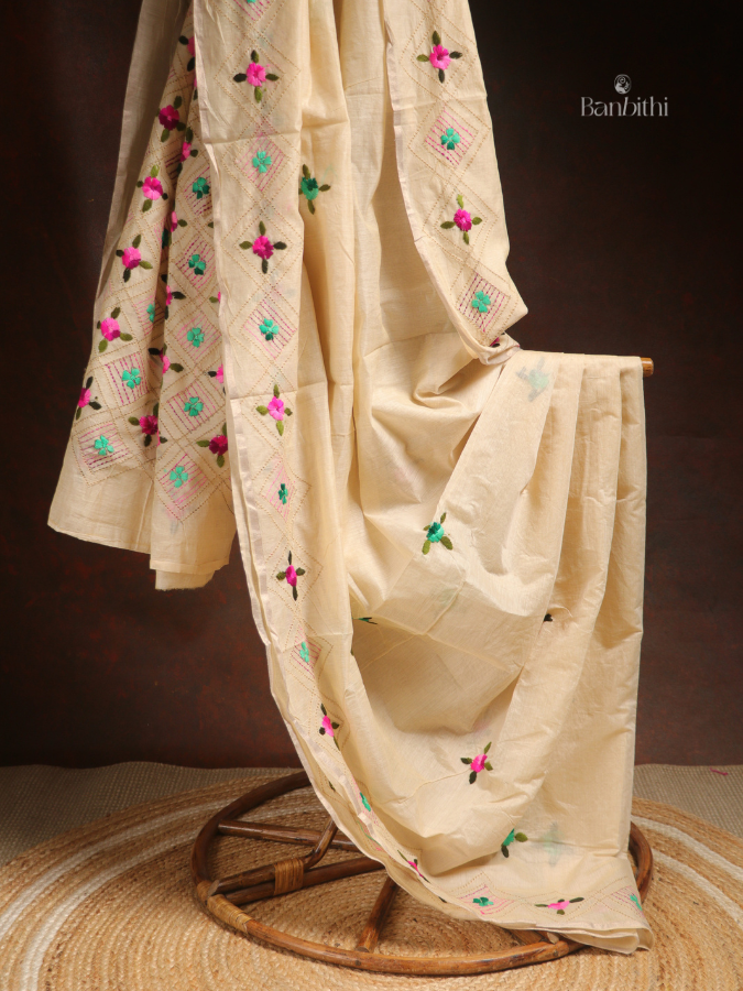 Hand Embroidered Saree – Off White with Pink & Green Thread (Variant 2)