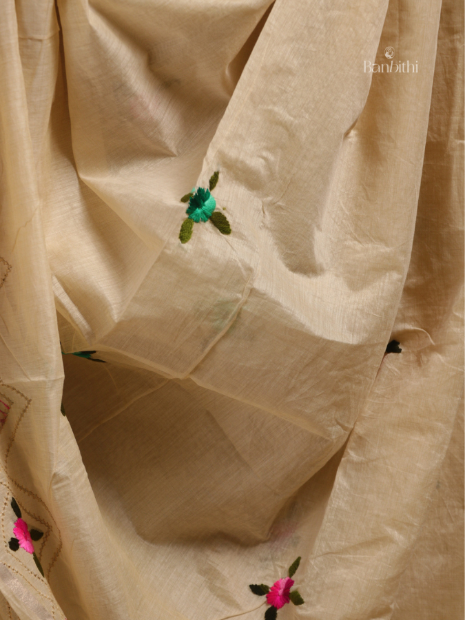 Hand Embroidered Saree – Off White with Pink & Green Thread (Variant 2)