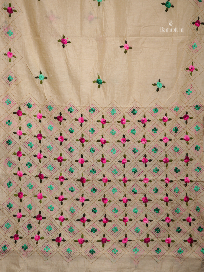 Hand Embroidered Saree – Off White with Pink & Green Thread (Variant 2)