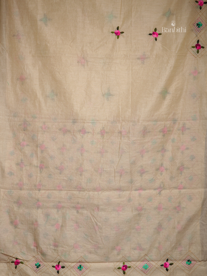 Hand Embroidered Saree – Off White with Pink & Green Thread (Variant 2)