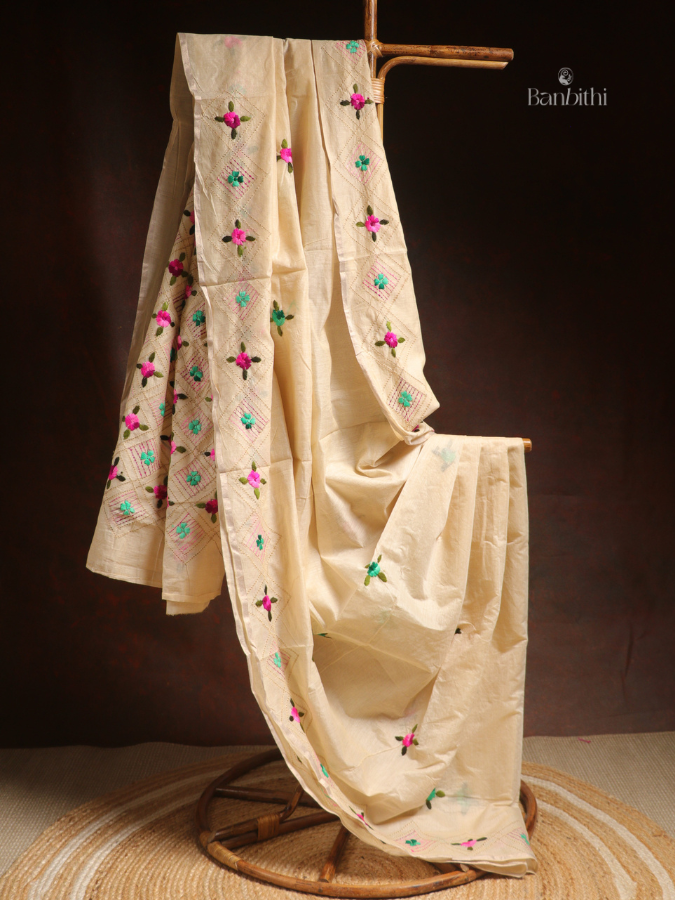 Hand Embroidered Saree – Off White with Pink & Green Thread (Variant 2)