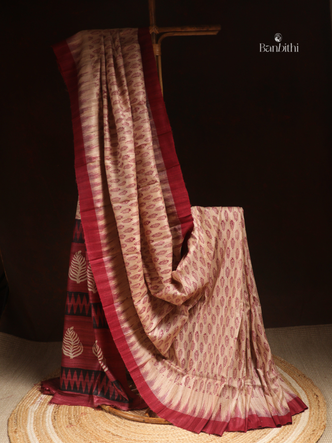 Ghicha Silk Digital Print Saree – Beige Maroon