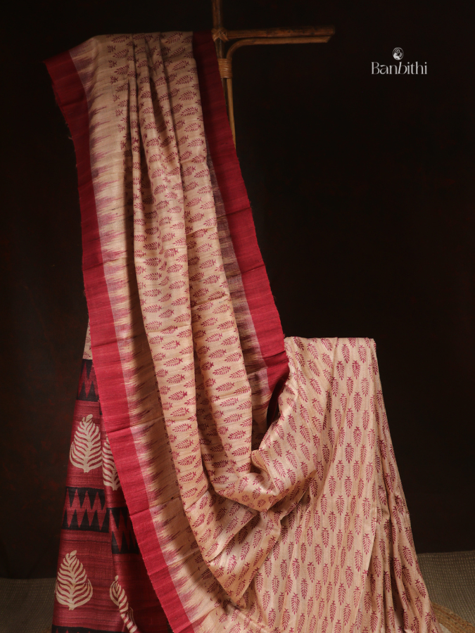 Ghicha Silk Digital Print Saree – Beige Maroon