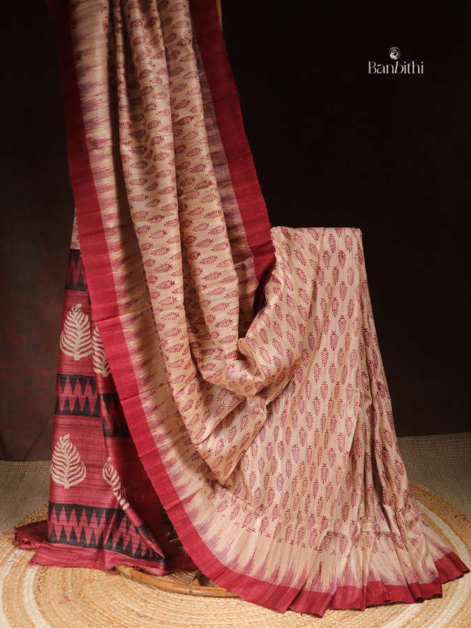 Ghicha Silk Digital Print Saree – Beige Maroon
