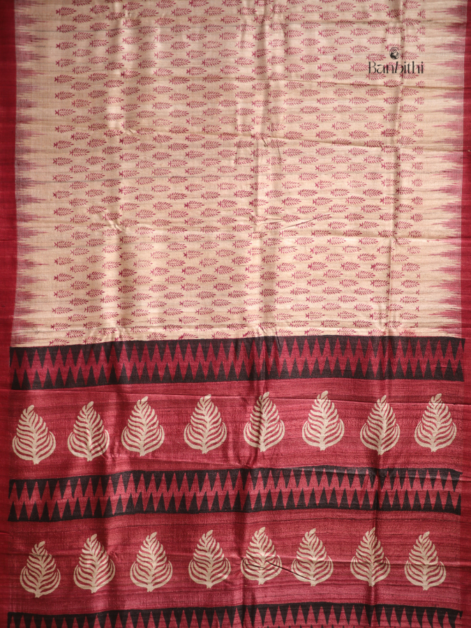 Ghicha Silk Digital Print Saree – Beige Maroon