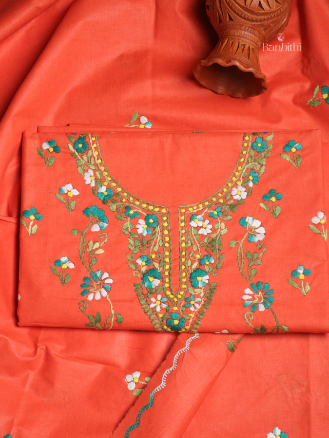 Hand Embroidered Cotton 3-Piece Suit Set - Orange