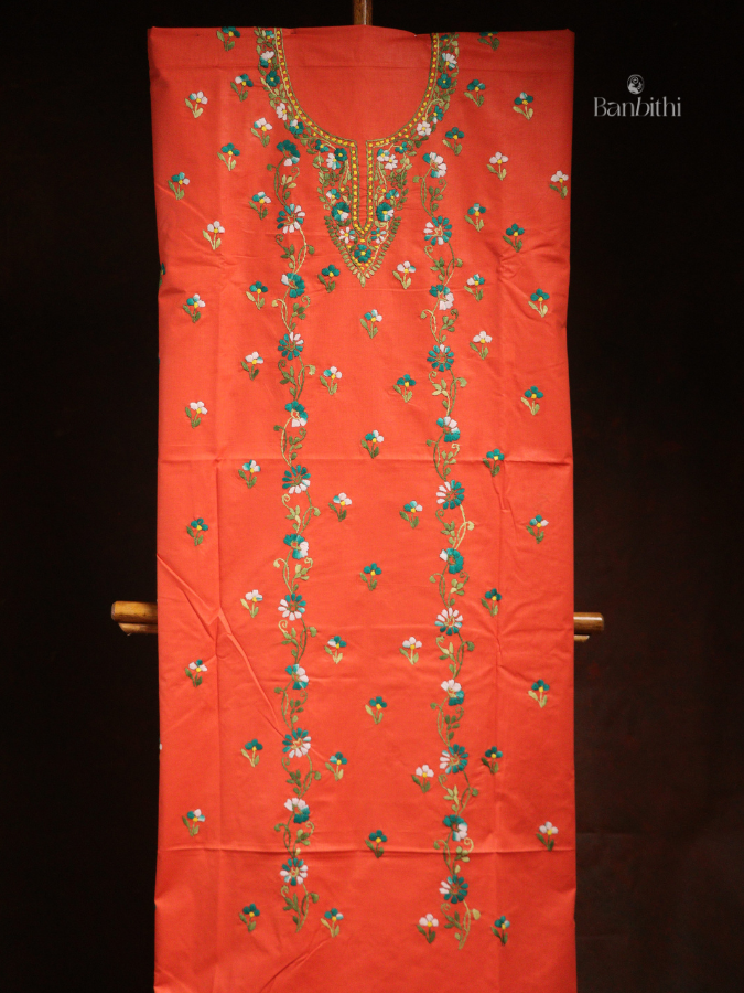 Hand Embroidered Cotton 3-Piece Suit Set - Orange