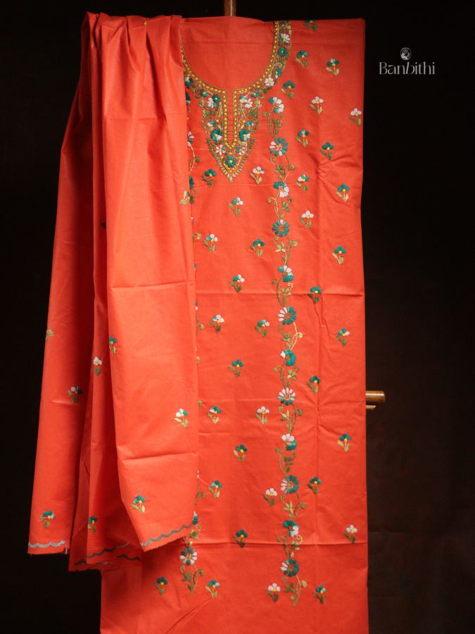 Hand Embroidered Cotton 3-Piece Suit Set - Orange