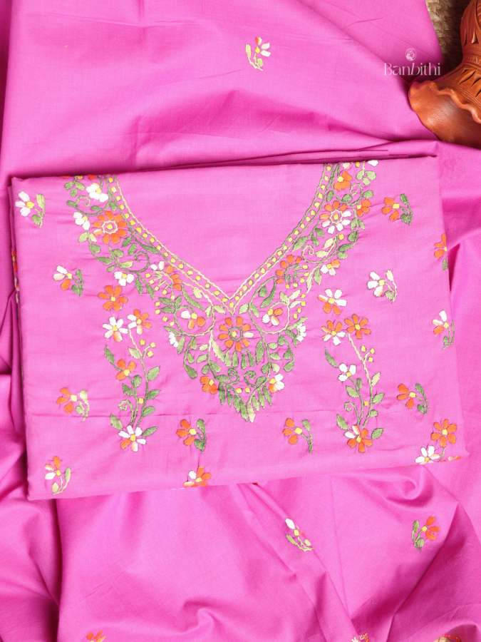 Hand Embroidered Cotton 3-Piece Suit Set - Pink with Orange