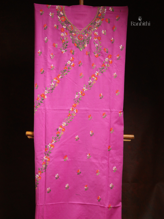 Hand Embroidered Cotton 3-Piece Suit Set - Pink with Orange