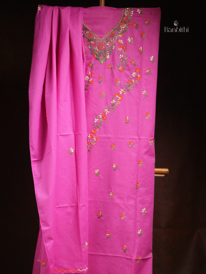 Hand Embroidered Cotton 3-Piece Suit Set - Pink with Orange