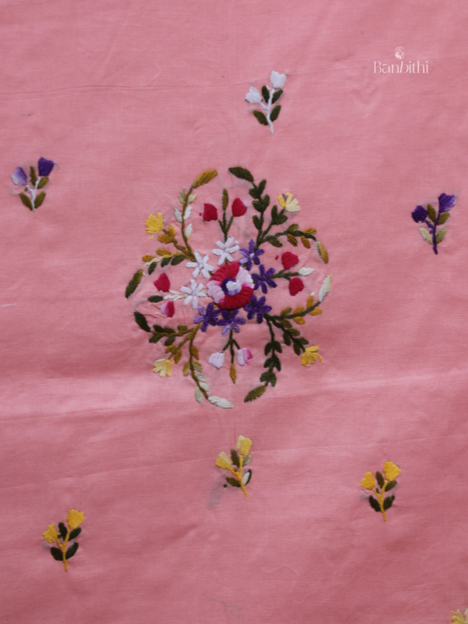 Hand Embroidered Cotton Suit Set – 3 Pcs (Pink Rose)