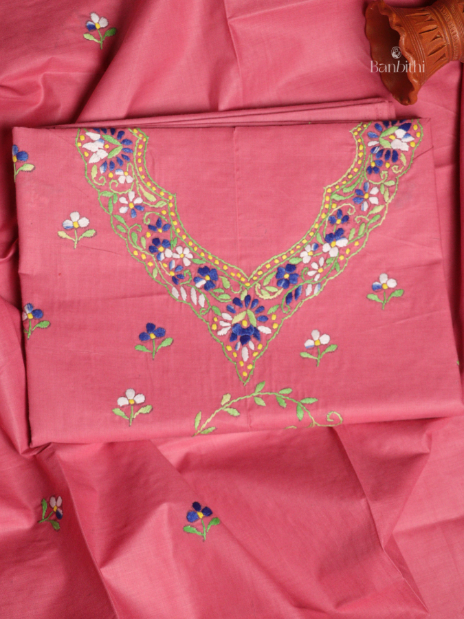 Hand Embroidered Cotton 3-Piece Suit Set - Pink with Blue