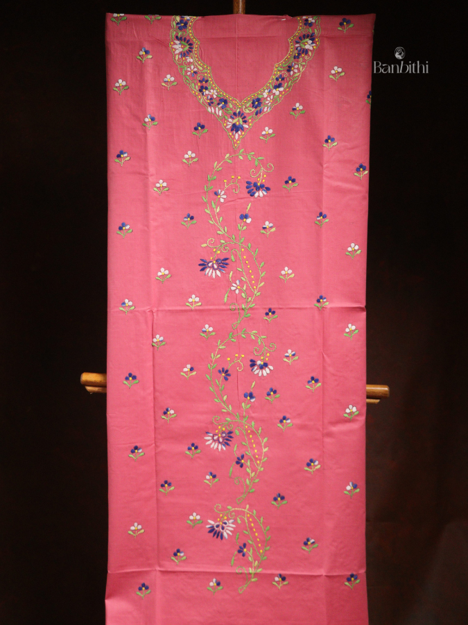 Hand Embroidered Cotton 3-Piece Suit Set - Pink with Blue