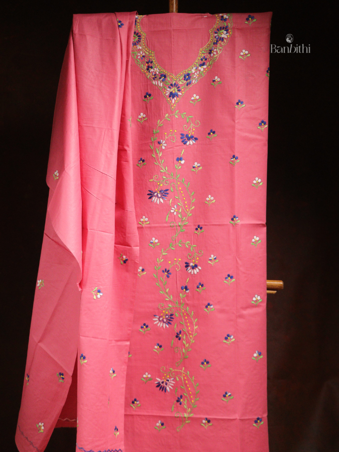 Hand Embroidered Cotton 3-Piece Suit Set - Pink with Blue