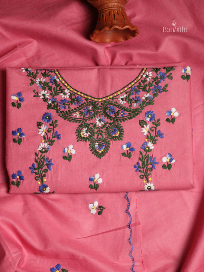 Hand Embroidered Cotton 3-Piece Suit Set – Pink Green White