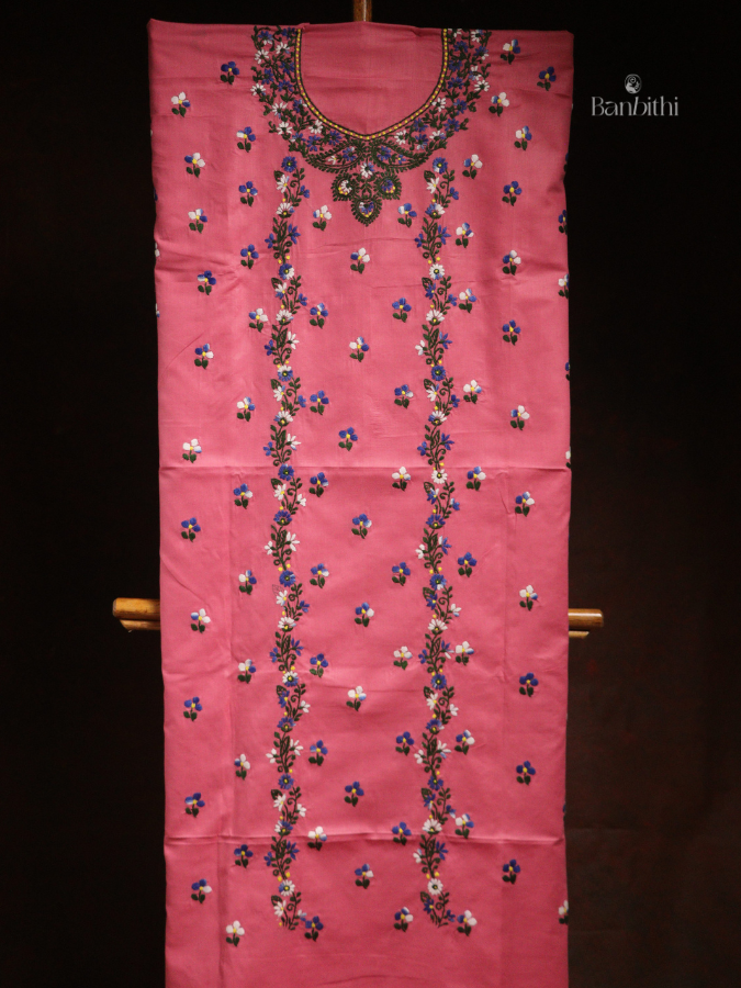 Hand Embroidered Cotton 3-Piece Suit Set – Pink Green White