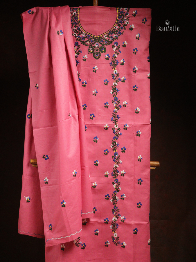 Hand Embroidered Cotton 3-Piece Suit Set – Pink Green White