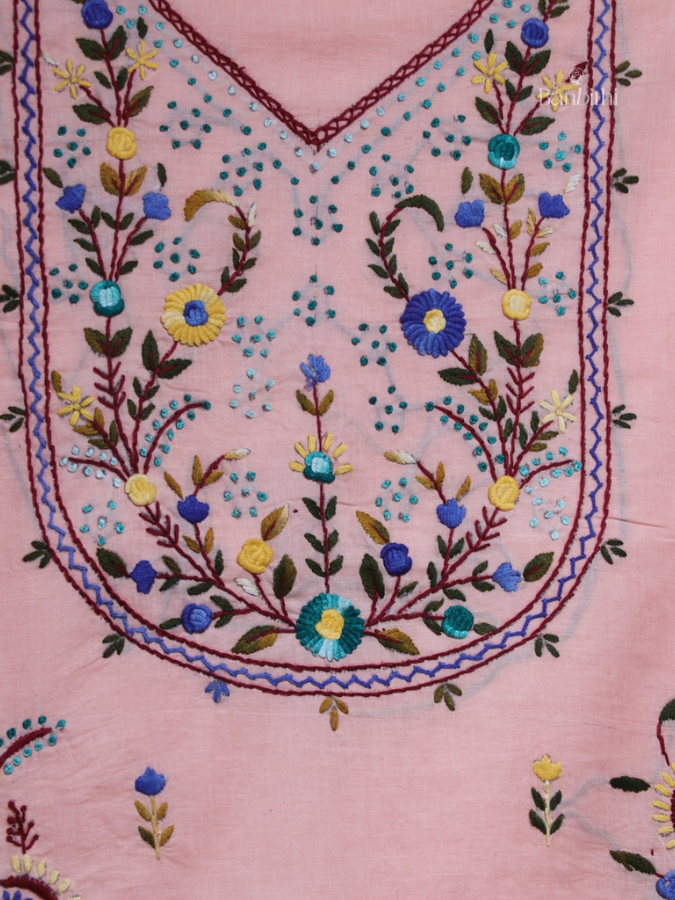 Hand Embroidered Cotton Suit Set – 3 Pcs (Pink Blossom)