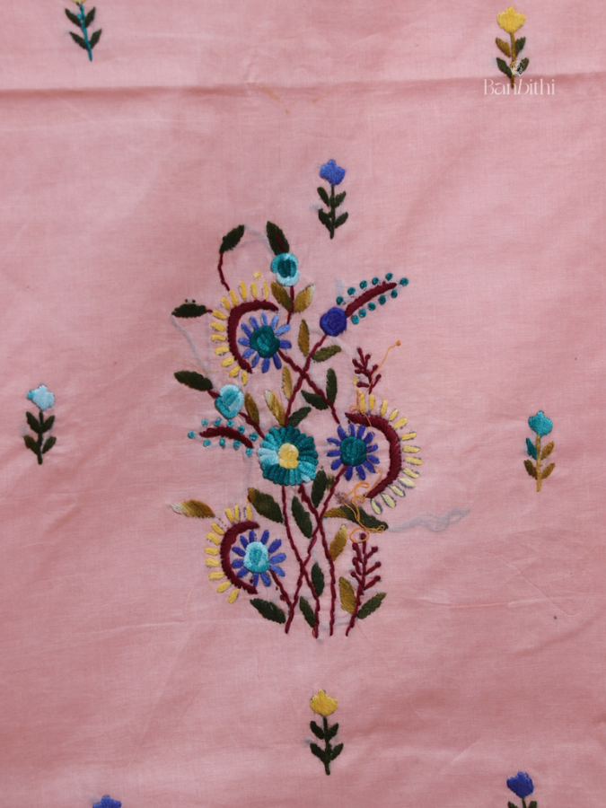 Hand Embroidered Cotton Suit Set – 3 Pcs (Pink Blossom)