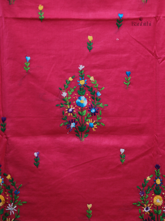 Hand Embroidered Cotton Suit Set – 3 Pcs (Pink)