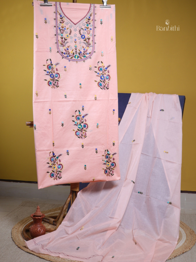 Hand Embroidered Cotton Suit Set – 3 Pcs (Pink Blossom)