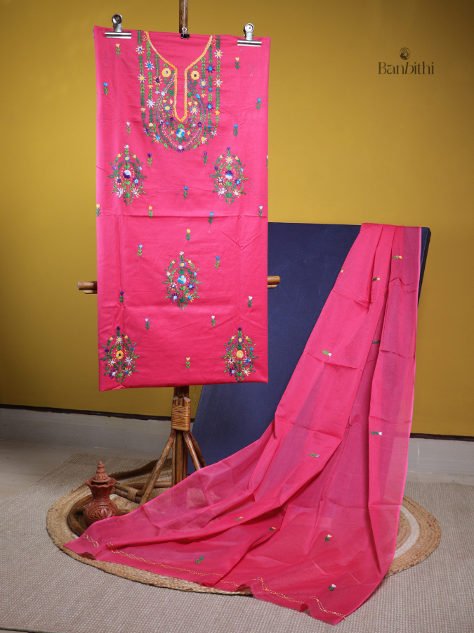 Hand Embroidered Cotton Suit Set – 3 Pcs (Pink)