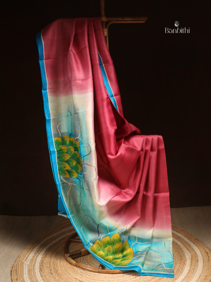 Hand Painted Murshidabad Silk Saree – Blue & Pink