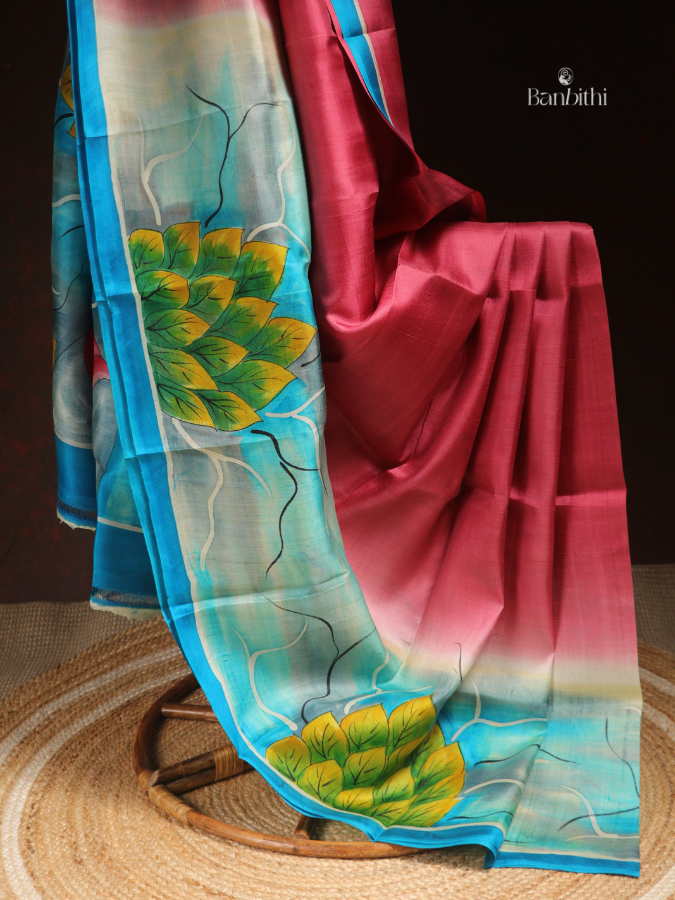Hand Painted Murshidabad Silk Saree – Blue & Pink