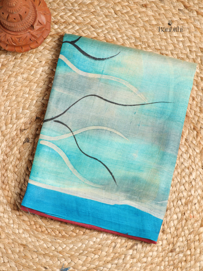 Hand Painted Murshidabad Silk Saree – Blue & Pink